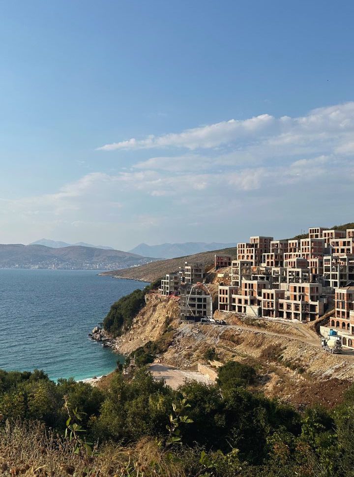 construction at a small patch of beach, a resort is being built over looking the ocean near Ksamil