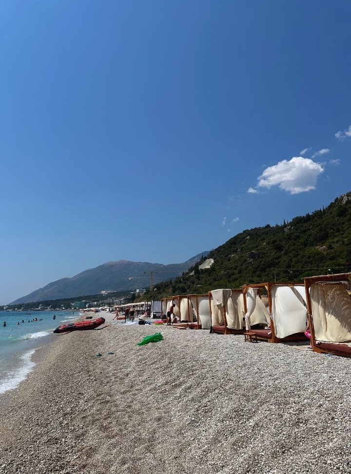 beach gazebos lined along the water front at Dhermi beach Albania