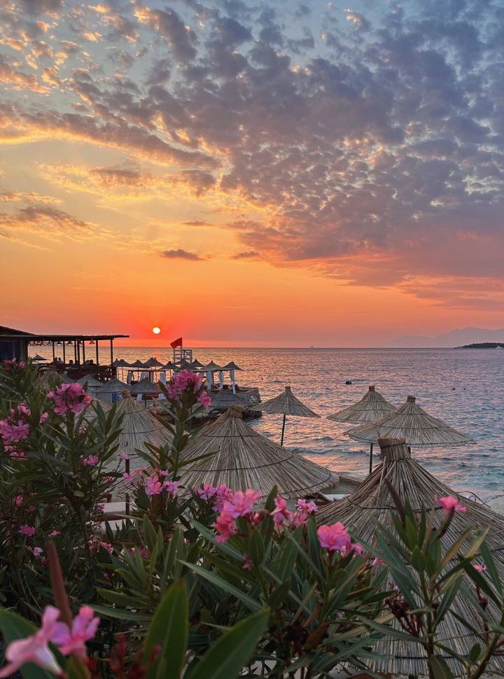 sunset at a beach with thatched umbrellas and pink flowers at the Albanian Riviera