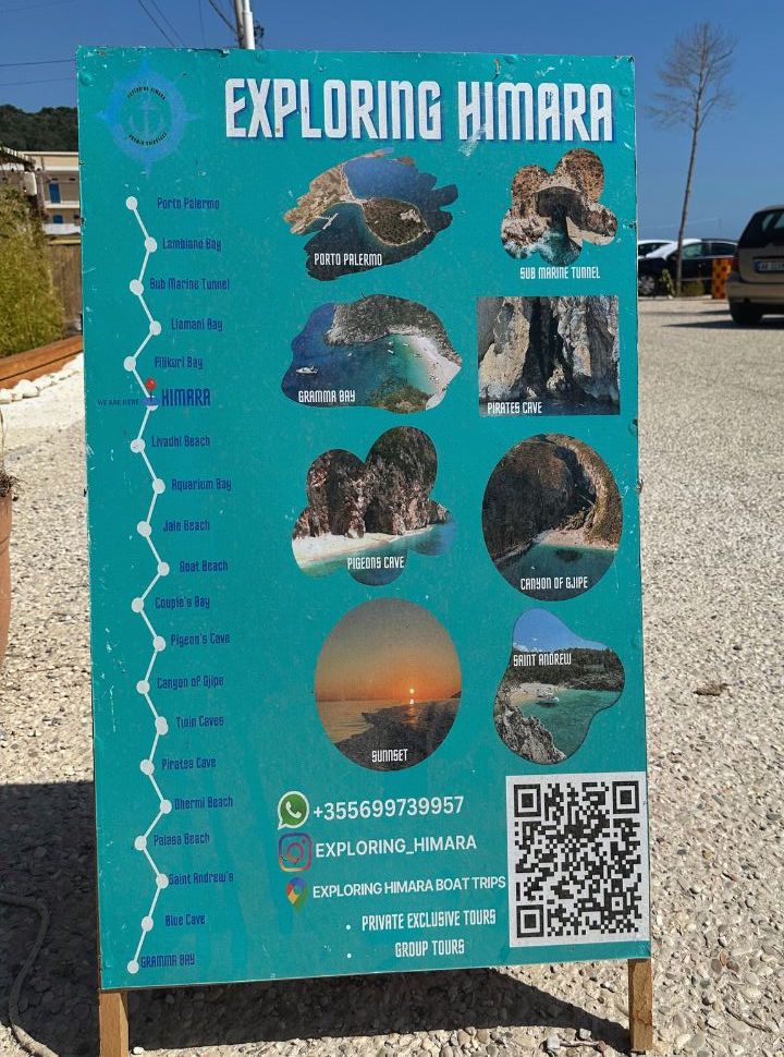 sign showing all the beaches and coves the boat tour stops