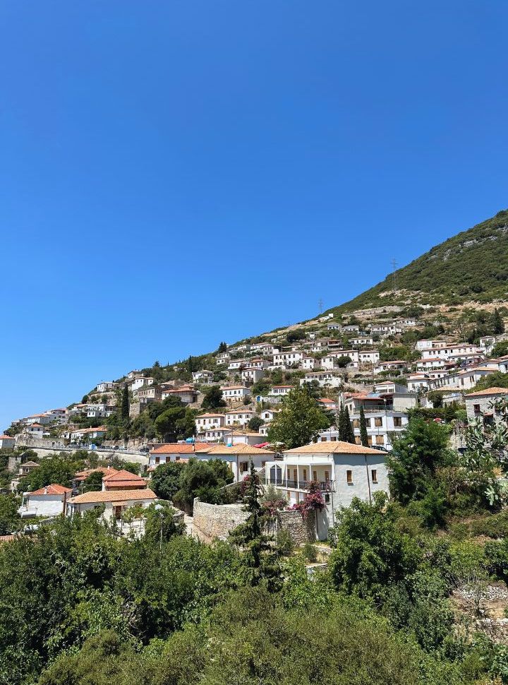 small picturesque town built on the mountain slopes in the Albanian Riviera