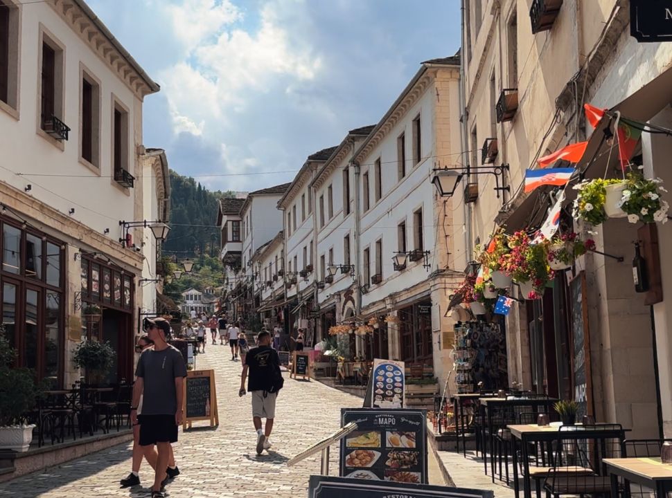 rows of buildings at the old bazaar at Gjirokaster where you can find shops and restaurants