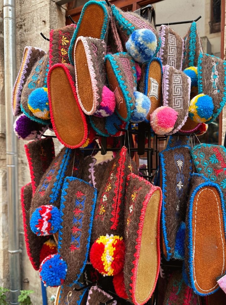 colorful traditional Albanian shoes sold at the old bazaar Gjirokaster