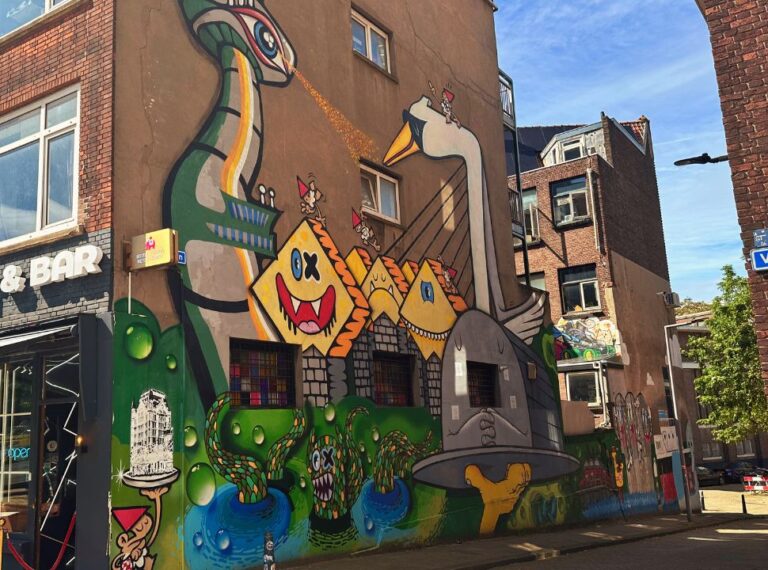 mural with all the highlights of Rotterdam the Netherlands: Erasmus Bridge, Euromast, Cube House, Witte Huis, Market Hall