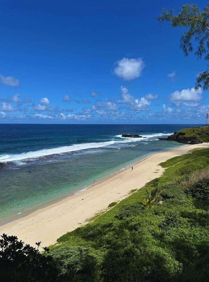 view of a tropical beach with lush vegetation on the cliff slopes, white stretched beach and turquoise clear water with waves at Mauritius