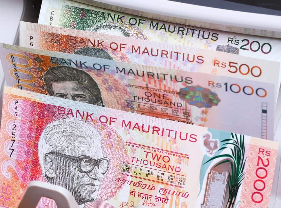 Mauritius bills lined up at a cash dispenser ranging from 200 rupees to 2000 rupees
