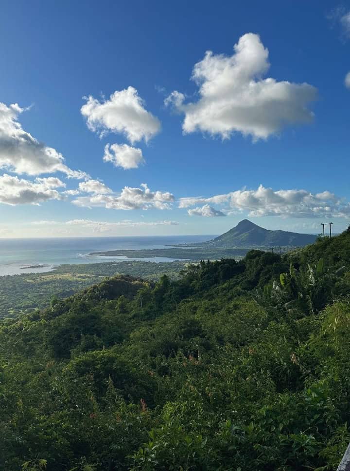 view of tamarin bay taken from up the hill, lush vegetation, mountain and the ocean is clearly visible in Mauritius