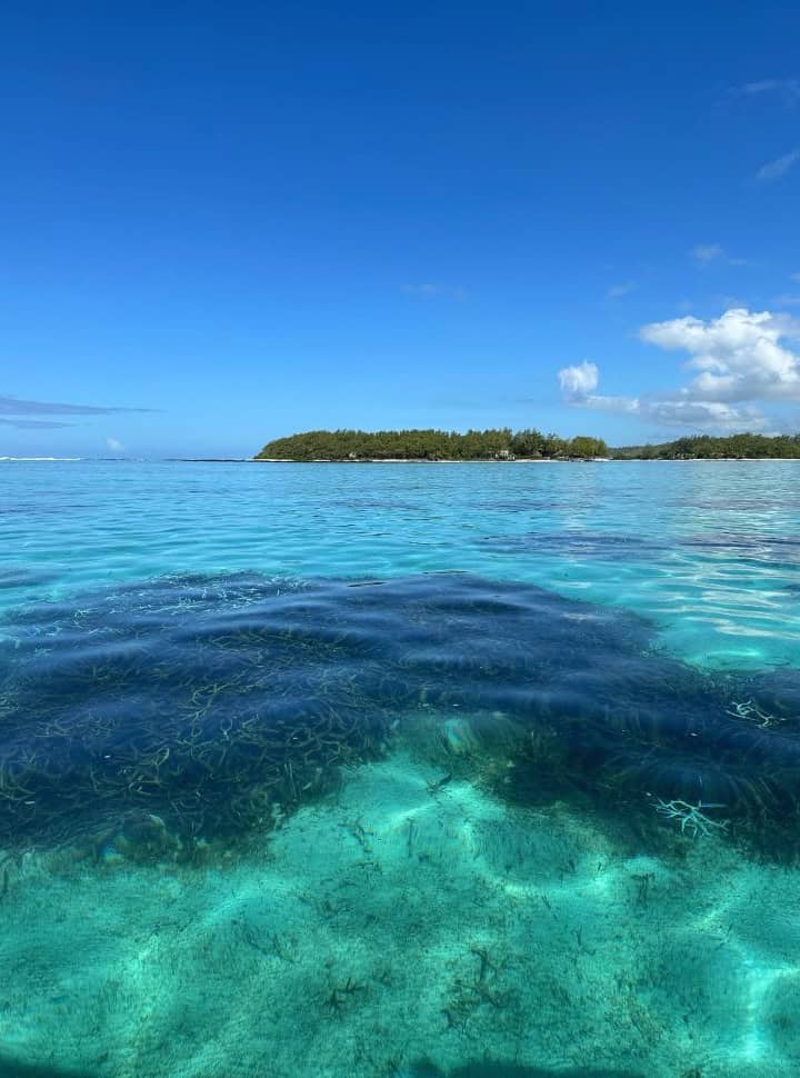 stunning clear blue water with coral visible from above, an island is set in the back at Blue Bay Marine Park