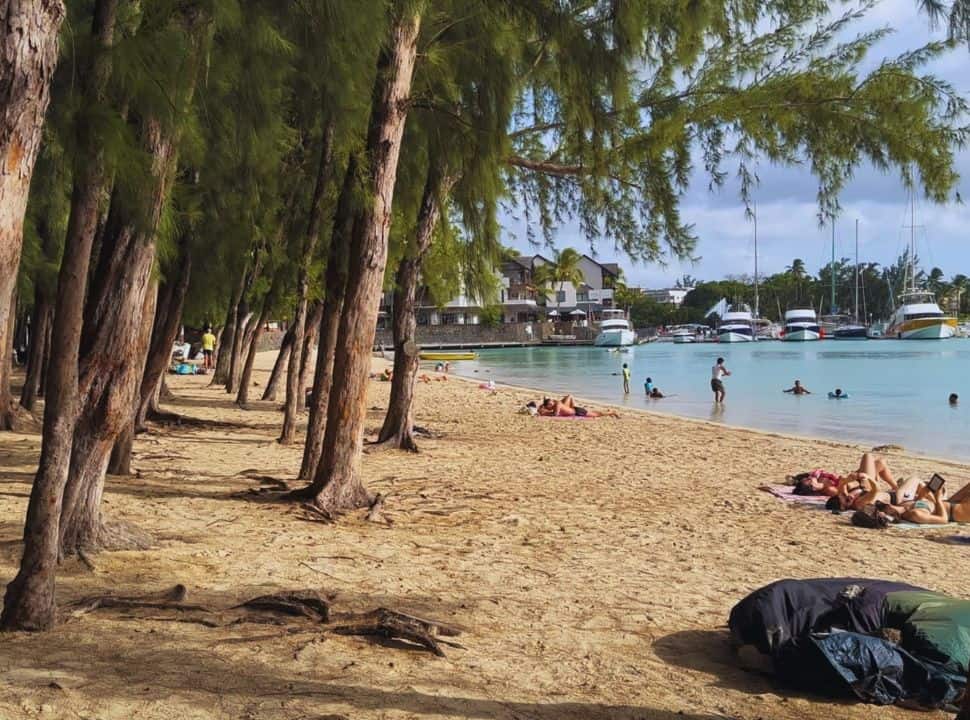 tall trees grow on the beach while people sunbath at the edge of the ocean front, large yachts are visible in the back at Grand Baie Mauritius