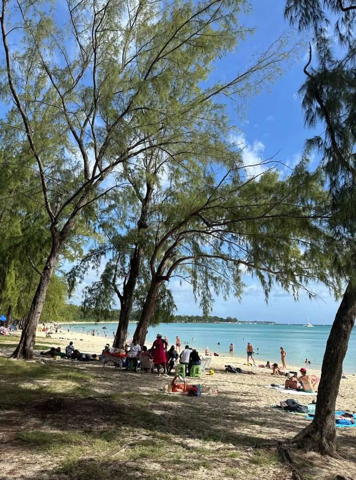 busy beach where local people are enjoying the beach, under the trees shade at Mont Choisy Mauritius