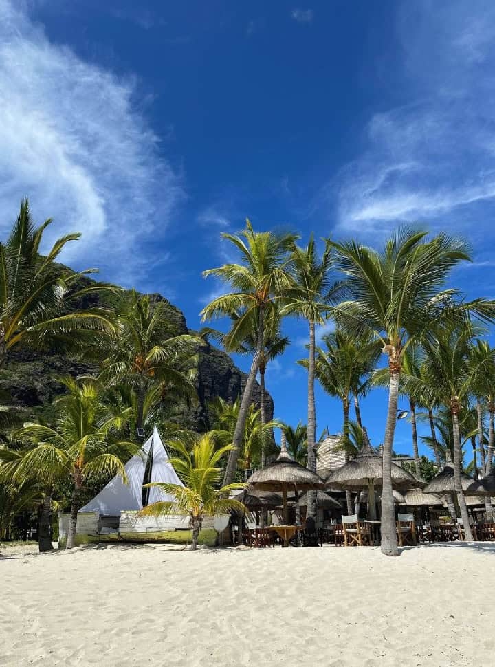 a resort restaurant set at the beach located under the palm trees, the rocky mountain of Le Morne Brabant is slightly visible