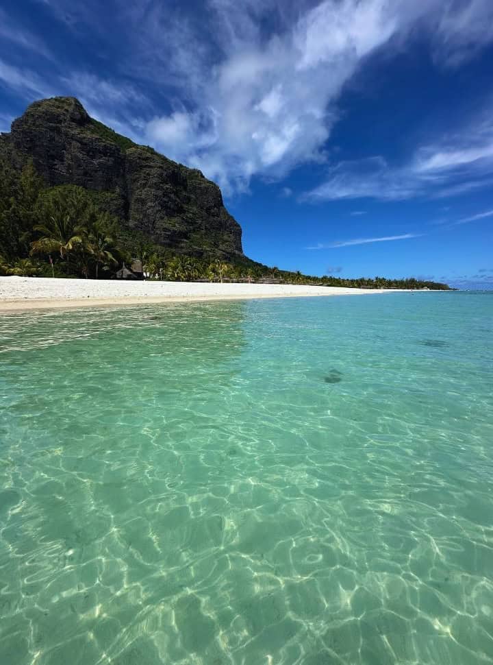 Le Morne Brabant mountain towering over a tropical beach with palm trees, white sand and crystal clear water