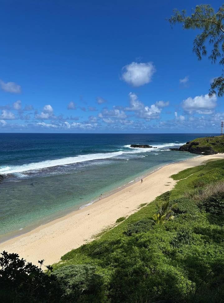 view of a quiet beach from above, water is clear with big waves along the south coast Mauritius 
