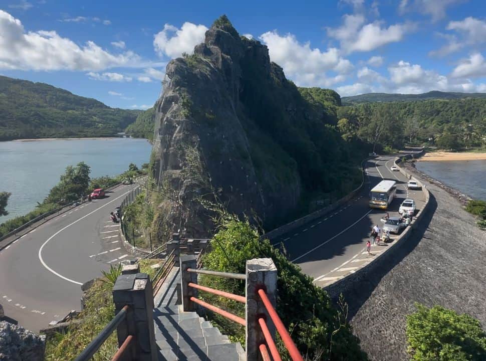 famous hairpin bend in Mauritius along the coast, a narrow cliff is right in the middle, across there are stairs leading to the look out point over the ocean