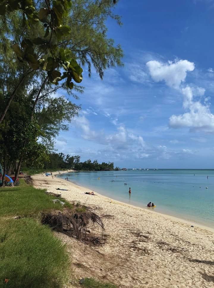 long stretched beach with green vegetation and trees on one side of the white sanded beach and a calm turquoise ocean on the other, there are just a couple of people in the water at this beach in Mauritius