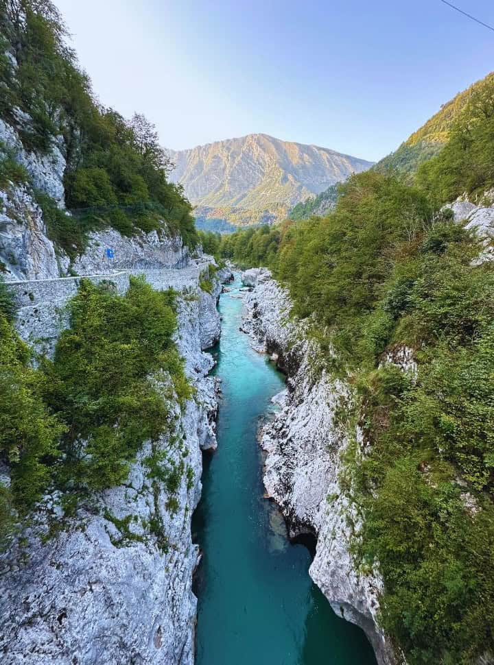 view of the intense blue Soča river surrounded by white cliffs covered with green vegetation, in the back there is a mountain