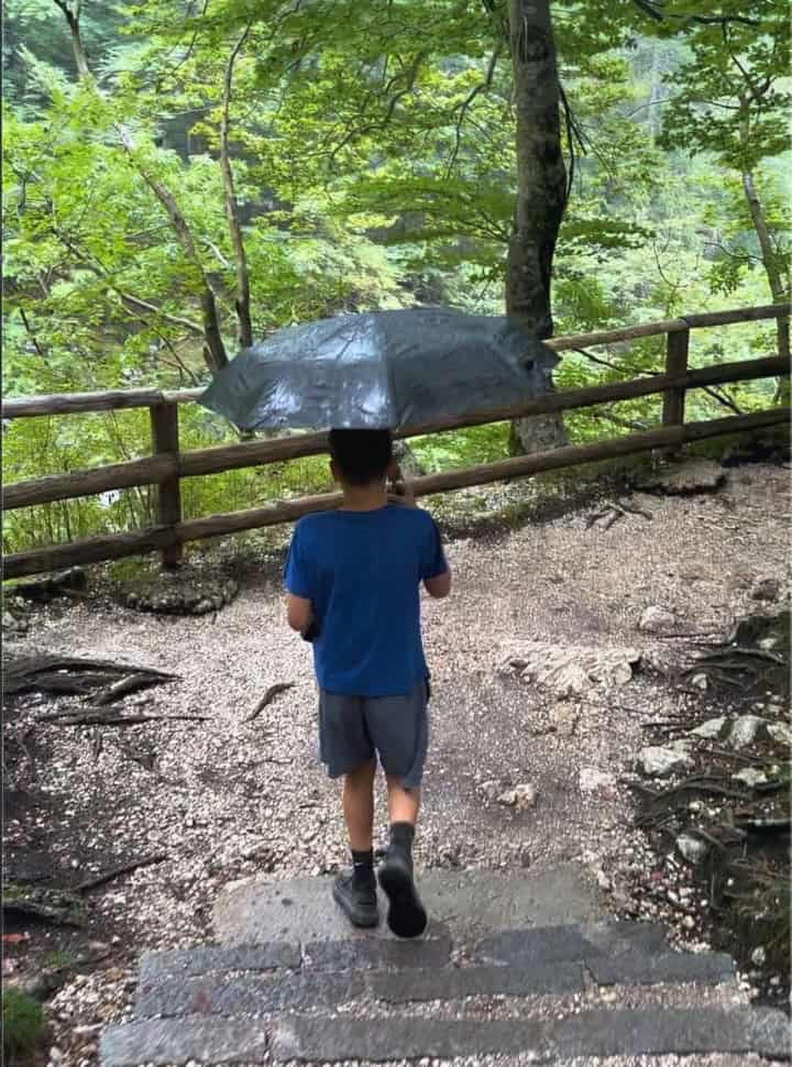 boy walking down a fleet of steps in a forest while holding an umbrella against the rain near Lake Bohinj, Savica Waterfall. 