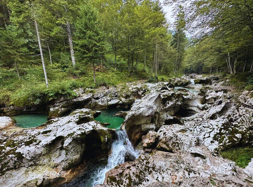 river flowing through the complicated rock formations creating beautiful pools and tiny waterfalls, set within a lush green forest at Mostnica Gorge Slovenia