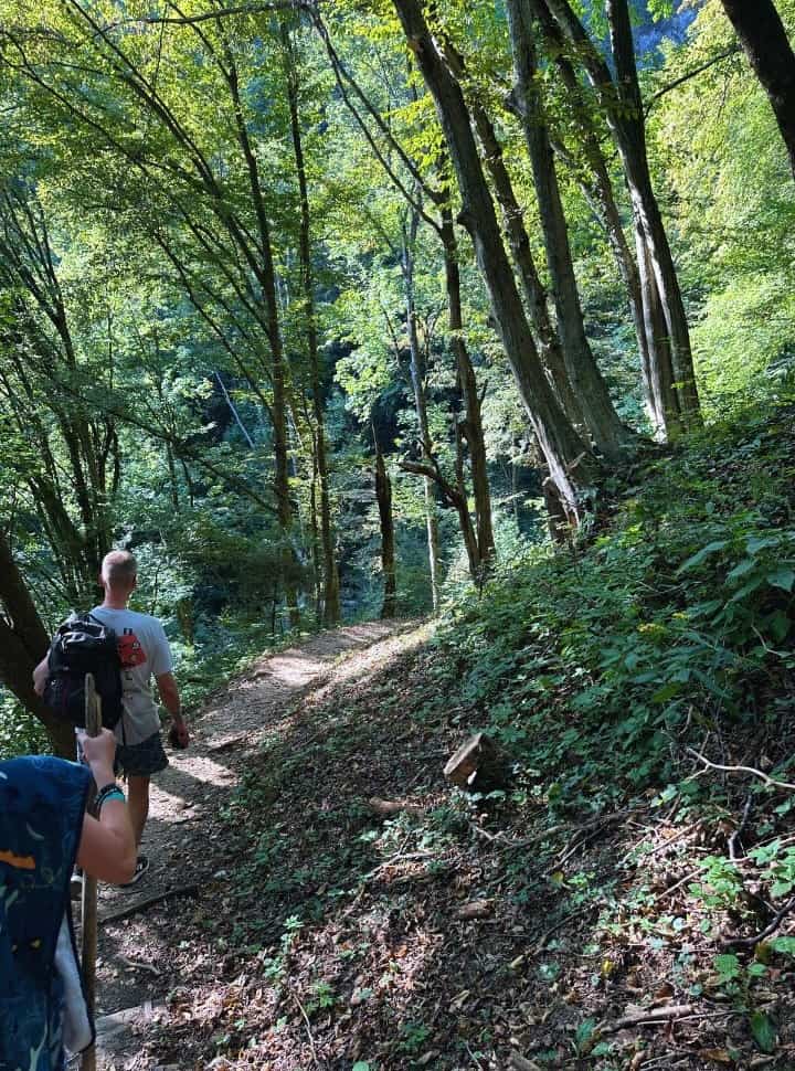 Father and son walking along a dirt path in a lush green forest in Slovenia towards Slap Sapota