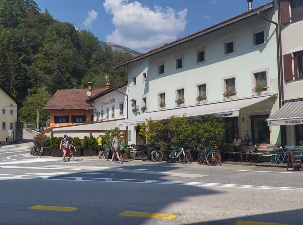 buildings and restaurants along the main road in kobarid Slovenia