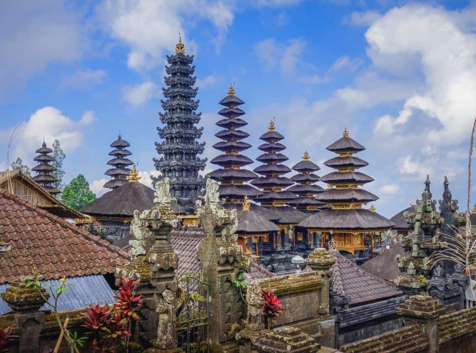 view of the meru towers at the besakih temple in Bali, one of the most important temples on the island