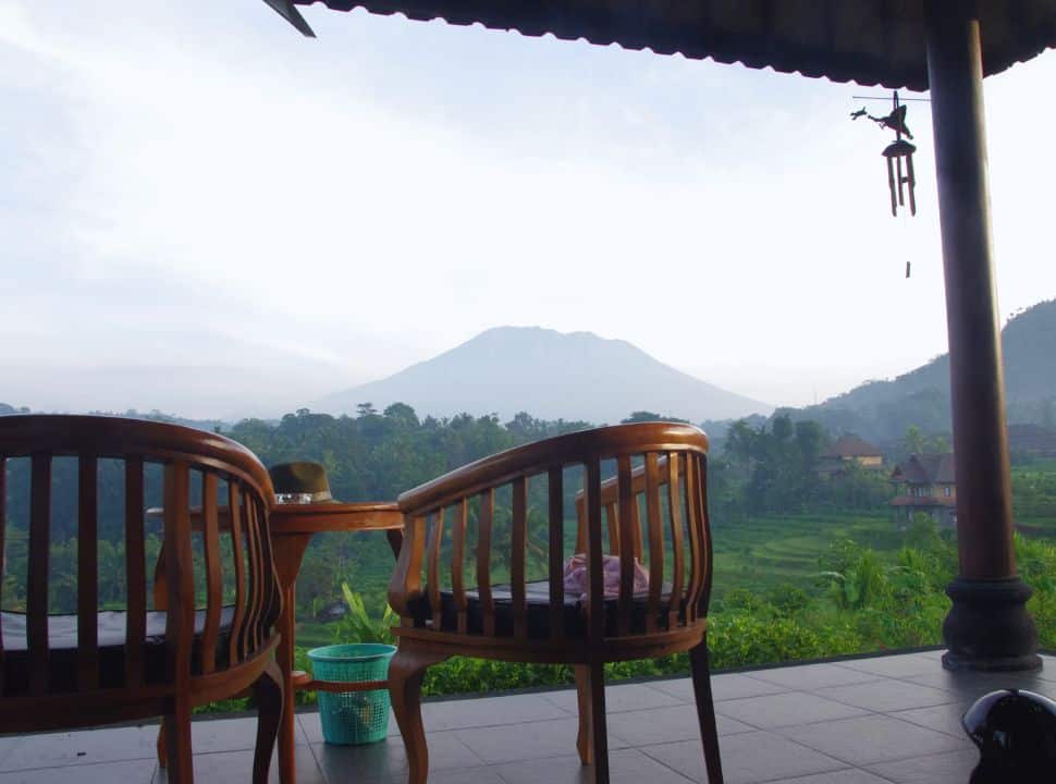 view of Mount Agunng in the morning from a terrace of an accommodation in Sidemen
