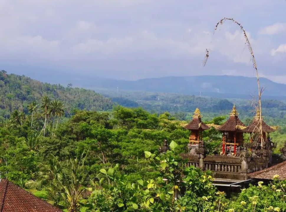 a temple emerging from the green vegetation, surrounded by trees and plants while in the distance hills are visible just a dark rainy clouds. 