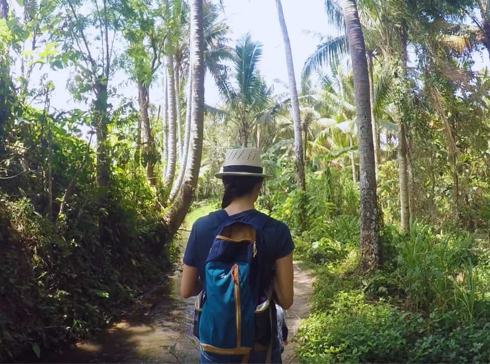 woman walking along a dirt path along a stream with on both side palm trees and lush vegetation in Ubud