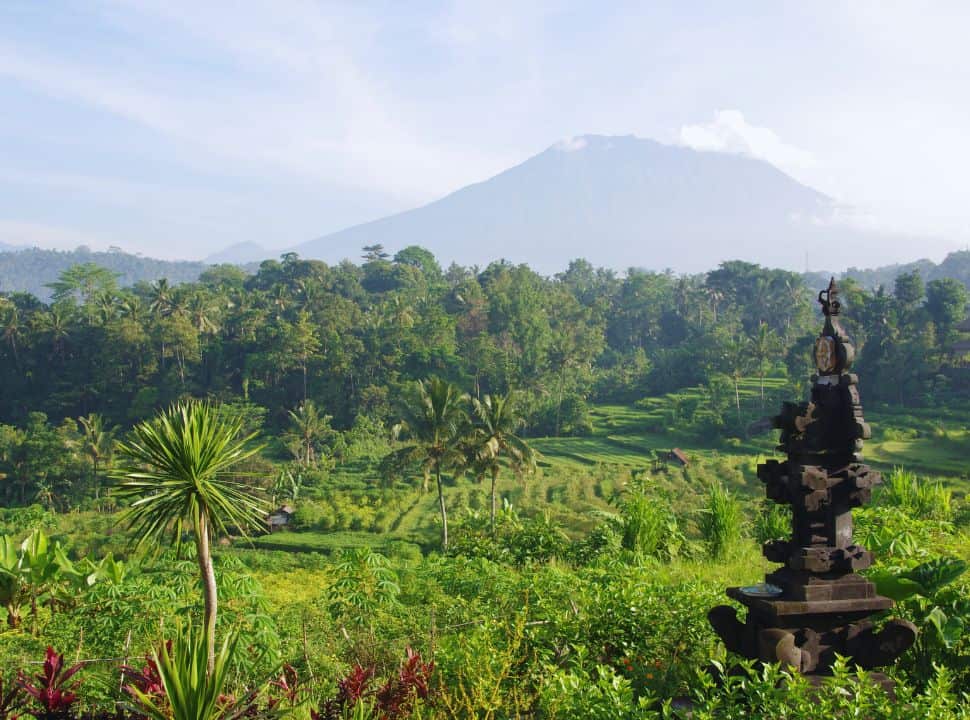 view of a valley with a rice field, a small stone shrine is located on the edge and on the horizon the Mount Agung is visible