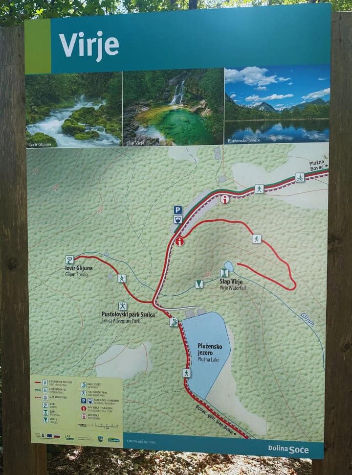 signpost of map showing the nearby trails to slap virje but also to a spring and lake nearby Bovec Slovenia