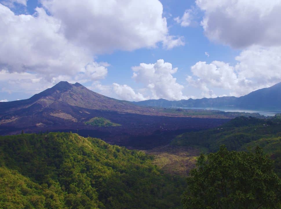 view of mount Batur with its lake on the right.