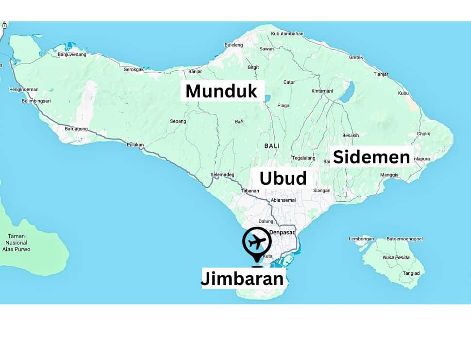 map of bali with the villages that are included in the 10 day itinerary Bali, munduk, ubud, sidemen and Jimbaran