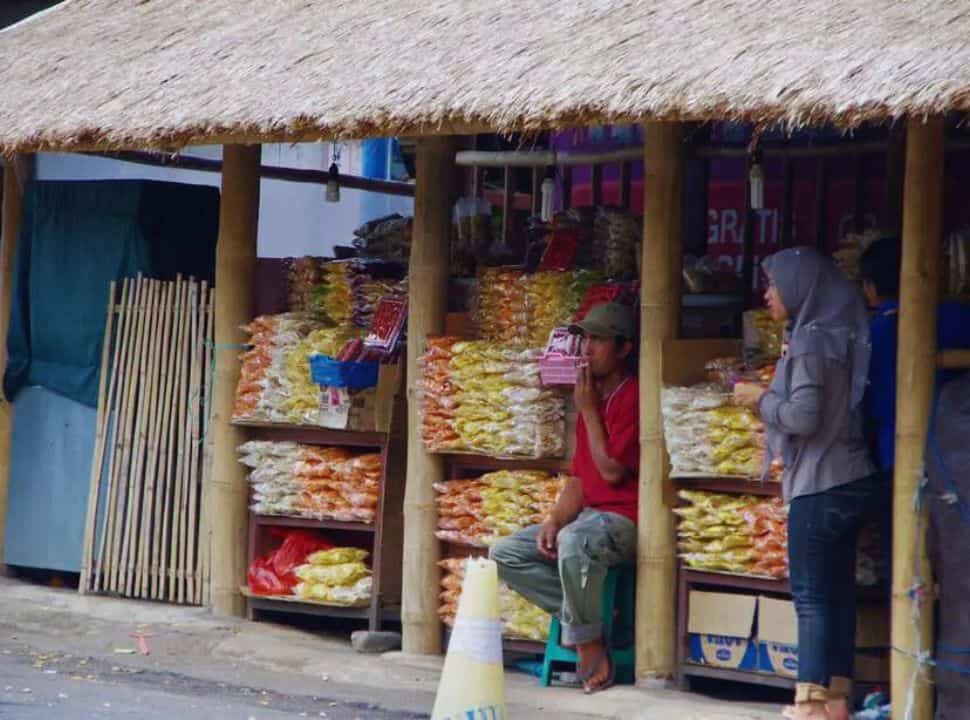 snack stall along the road with colorful krupuk for sale in Bedugul Bali