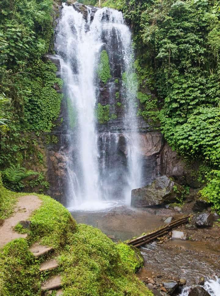 beautiful waterfall with greenery around and behind the water, falling into a small pool. There are stairs so you can get closer to the Golden Valley Waterfall.