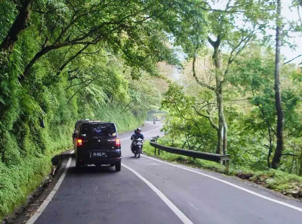 larger road with vans, cars and motor scooters going uphill along the mountain slopes covered with green vegetation nearby Bedugul