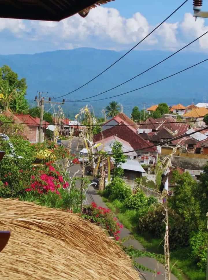 view of the village munduk from above, narrow roads with houses on both sides. The street is decorated with bamboo the Balinese penjor