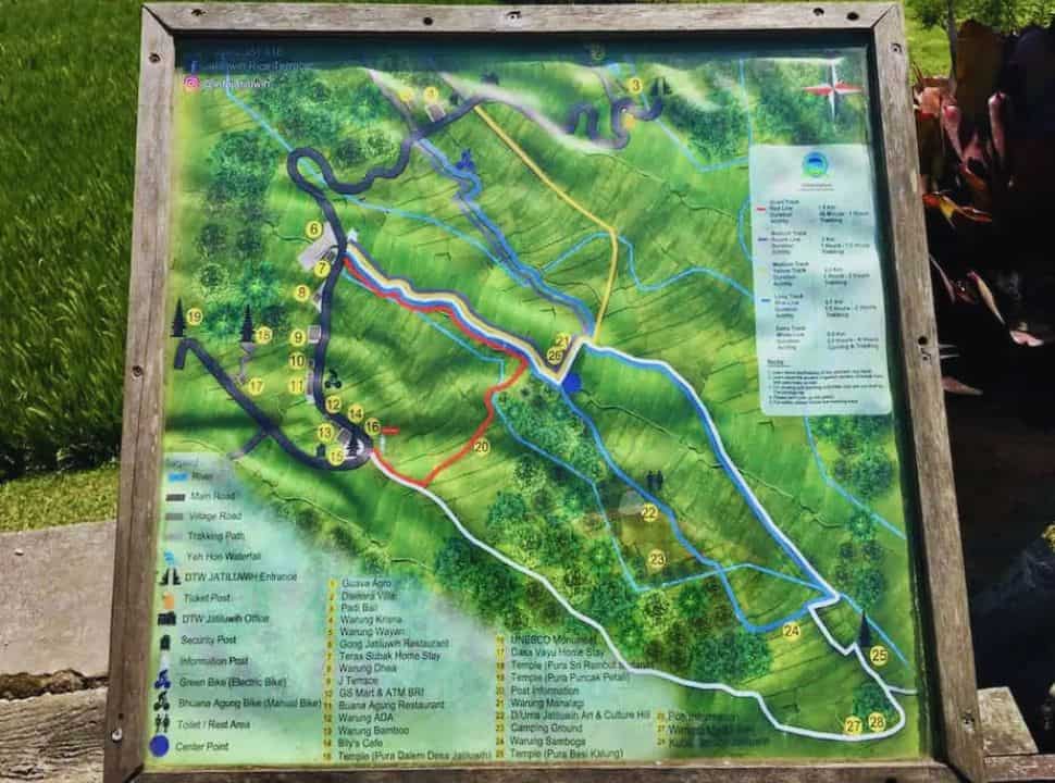 map indicating the hiking trails in and around Jatiluwih rice fields Bali