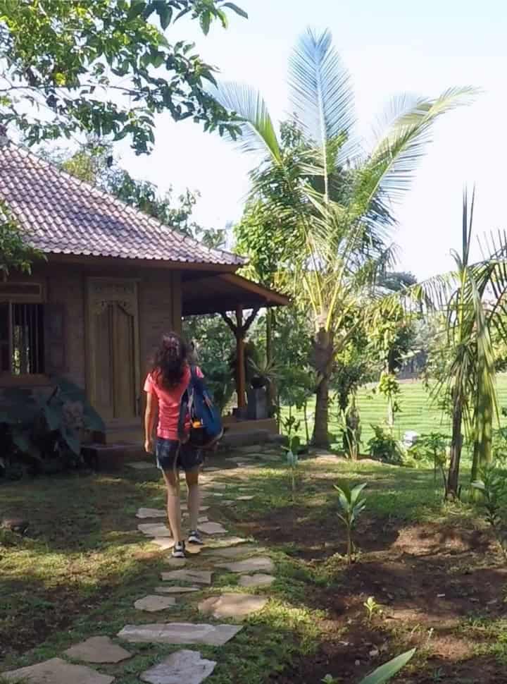 woman walking towards her bungalow with rice field view in Batukaru Bali