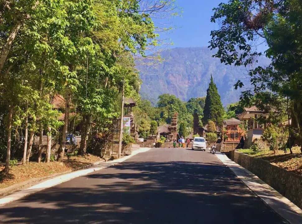 main road leadig to the entrance to the batukaru temple, green trees are found on both sides and in the far distance the slopes of mount batukaru are visible