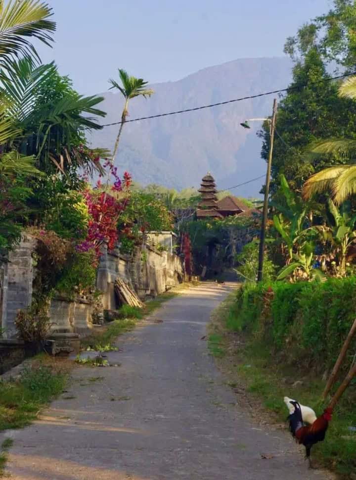 narrow street in a balinese village with in the distance the roofs of a temple visible, mount batukaru in the back Bali