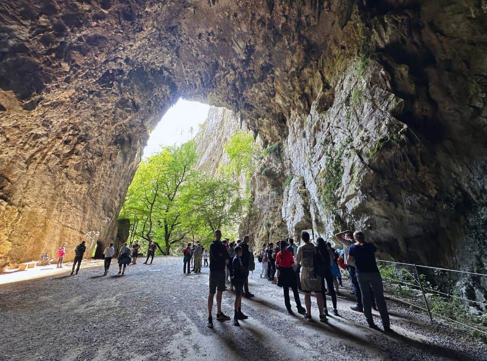 exit of the Škocjan Caves, a large cave opening leading. 