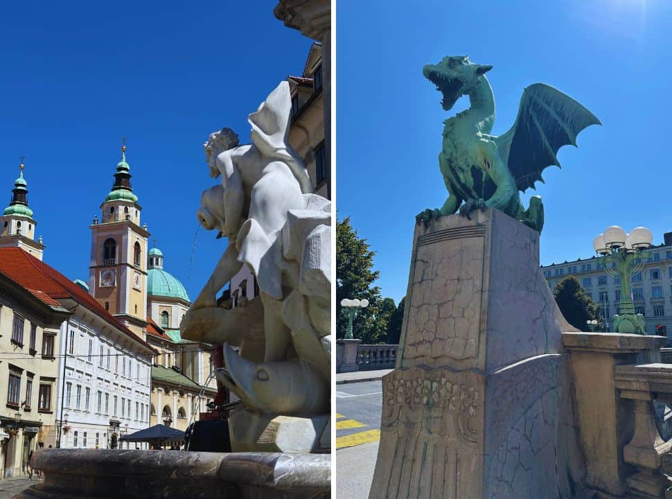scenes of the city Ljubljana with architecture, statues and a dragon statue at the end of one of the many bridges 