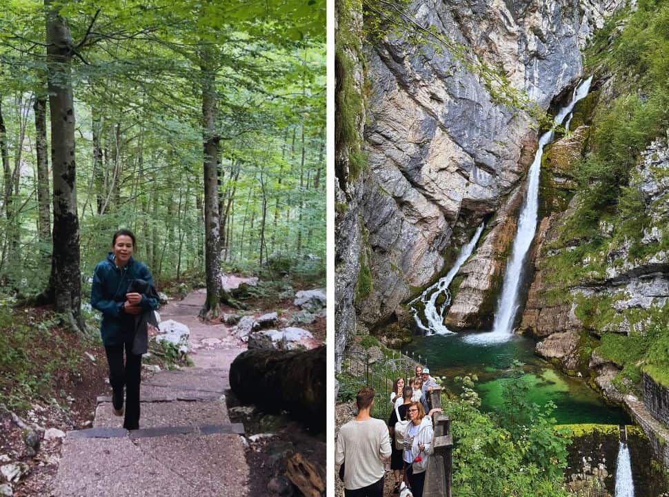 woman walking uphill in a forest along paves stairs to the waterfall, which is falling in a beautiful green pool. People a queuing to get a picture from the platform near Savica Waterfall in Slovenia