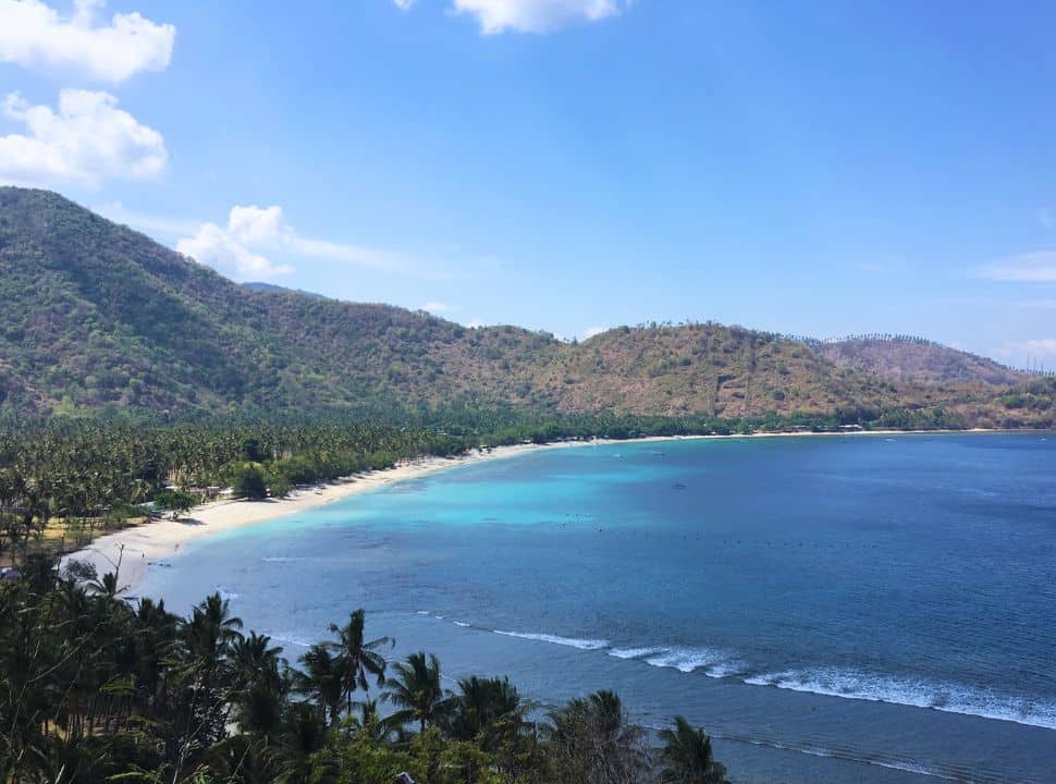 view of a long stretched beach bay with palm trees, white sand and blue water. Hills surround the bay at Nipah beach Lombok