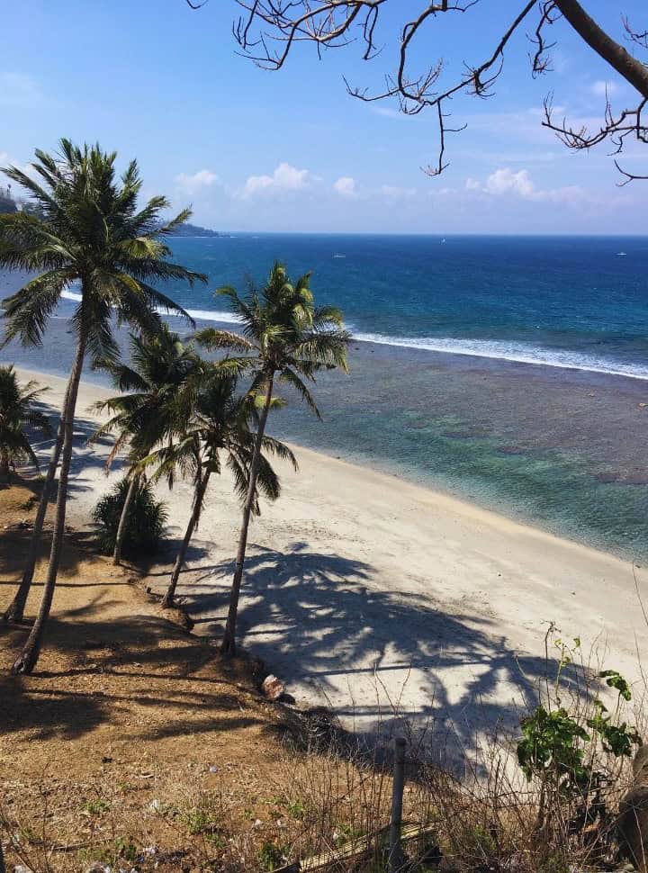 palm fringed beach with white sand, turquoise water, coral is visible in the clear water nearby Senggigi, one of many beaches in Lombok perfect for snorkeling
