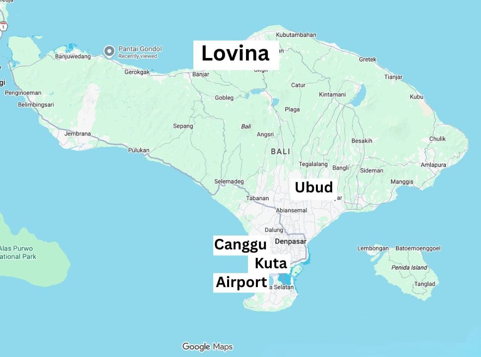 map indicating the location of lovina in the north of bali and canggu, kuta and the airport in south bali