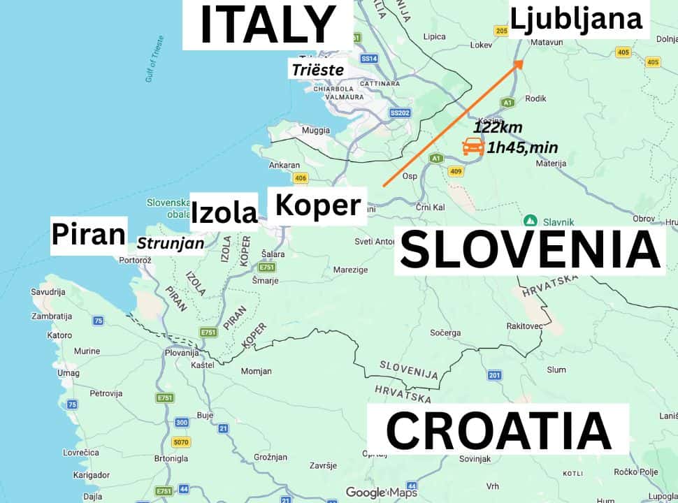 map of Slovenia and neighboring countries, destinations of the Slovenian coastal towns itinerary are highlighted