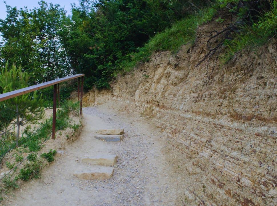 dirt path along the cliff edge with green vegetation leading towards a hidden beach in Slovenia