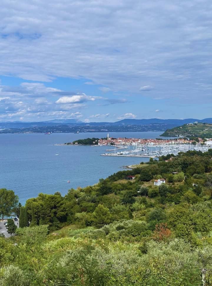 viewpoint on top of a green hill with in the distance the small town of Izola Slovenia with its harbor, and Italy in the far distance