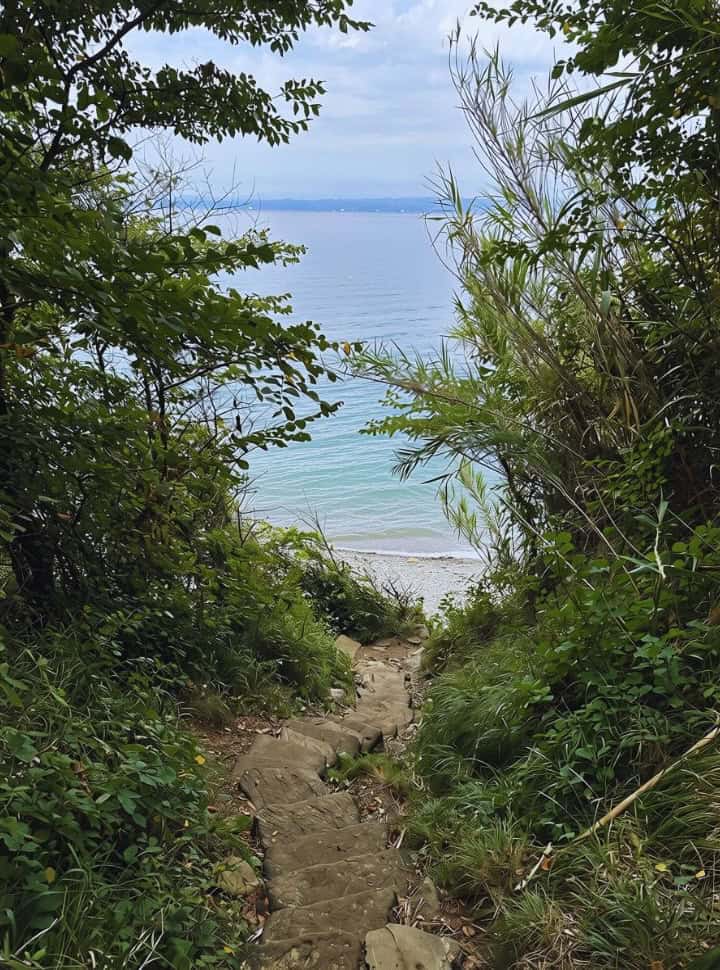 steep stone stairs surrounded by vegetation leading down to a quiet pebbled beach in Slovenia